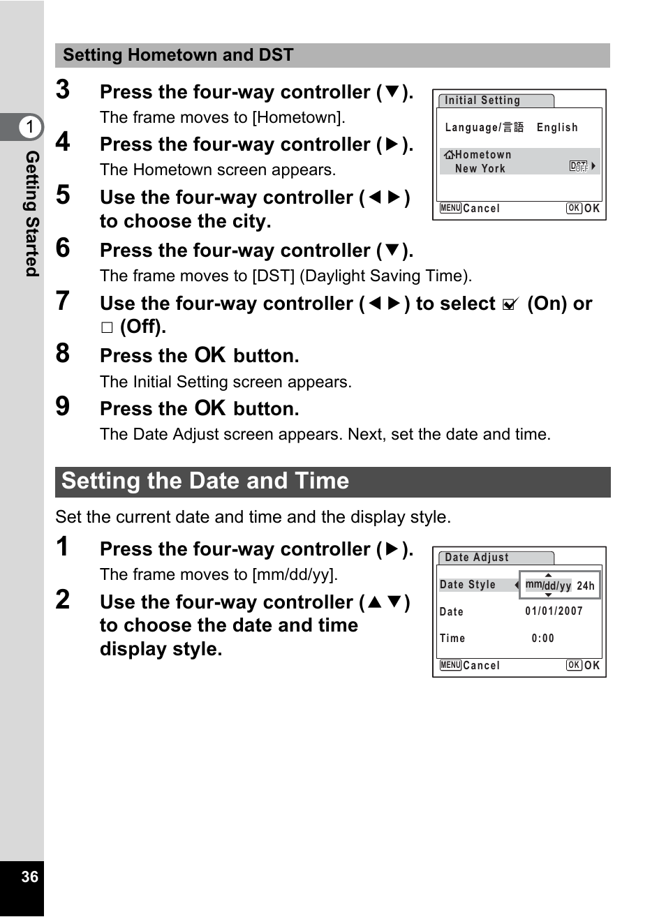 Setting the date and time, P.36), Setting the date and time” (p.36) to | Setting the date and time” (p.36), Setting hometown and dst” i, Press the four-way controller ( 3 ), Press the four-way controller ( 5 ), Press the 4 button | Pentax Optio Z10 User Manual | Page 38 / 212