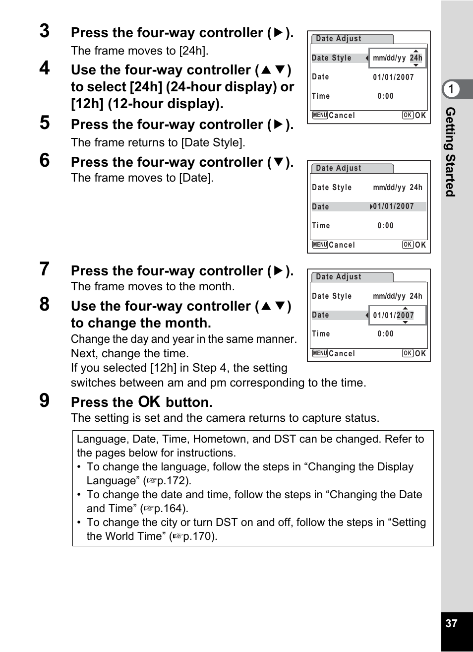 Press the four-way controller ( 5 ), Press the four-way controller ( 3 ), Press the 4 button | 1getting started | Pentax Optio Z10 User Manual | Page 39 / 212