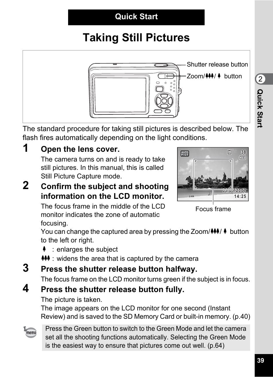 Quick start, Taking still pictures, P.39) | Pentax Optio Z10 User Manual | Page 41 / 212