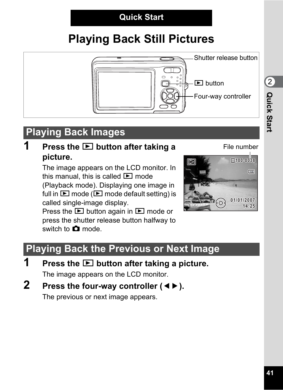 Playing back still pictures, Playing back images, Playing back the previous or next image | Playing back still pictures 1 | Pentax Optio Z10 User Manual | Page 43 / 212