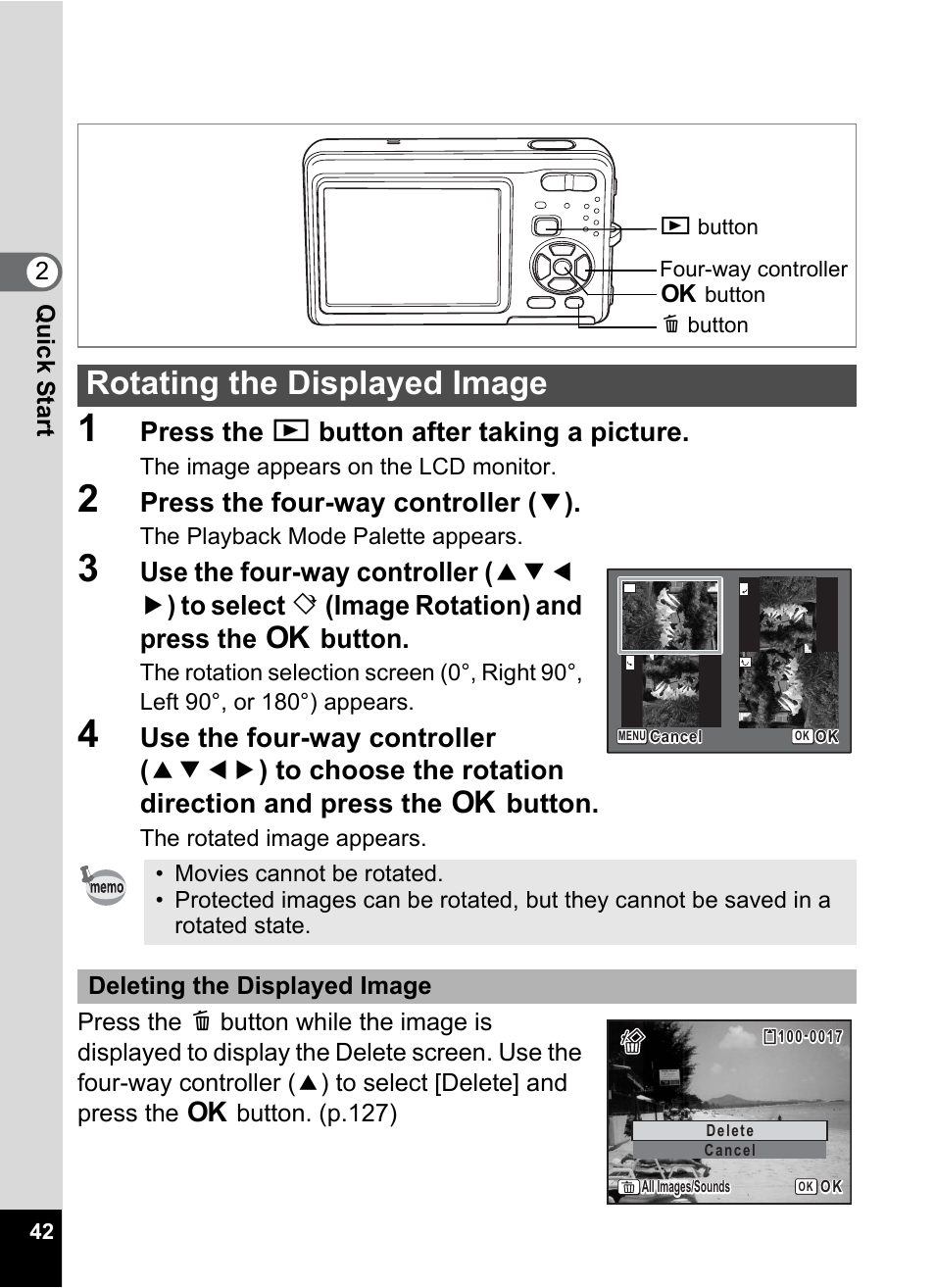 Rotating the displayed image, Press the q button after taking a picture, Press the four-way controller ( 3 ) | Pentax Optio Z10 User Manual | Page 44 / 212