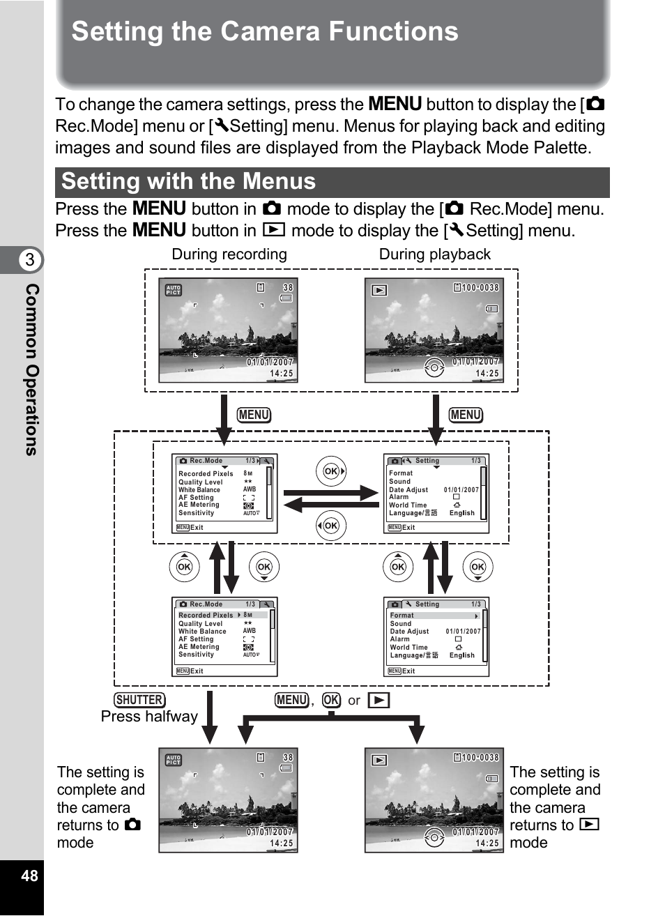 Setting the camera functions, Setting with the menus, P.48) | 3co mmo n oper atio ns, Or ĭ, Menu shutter menu menu ok | Pentax Optio Z10 User Manual | Page 50 / 212