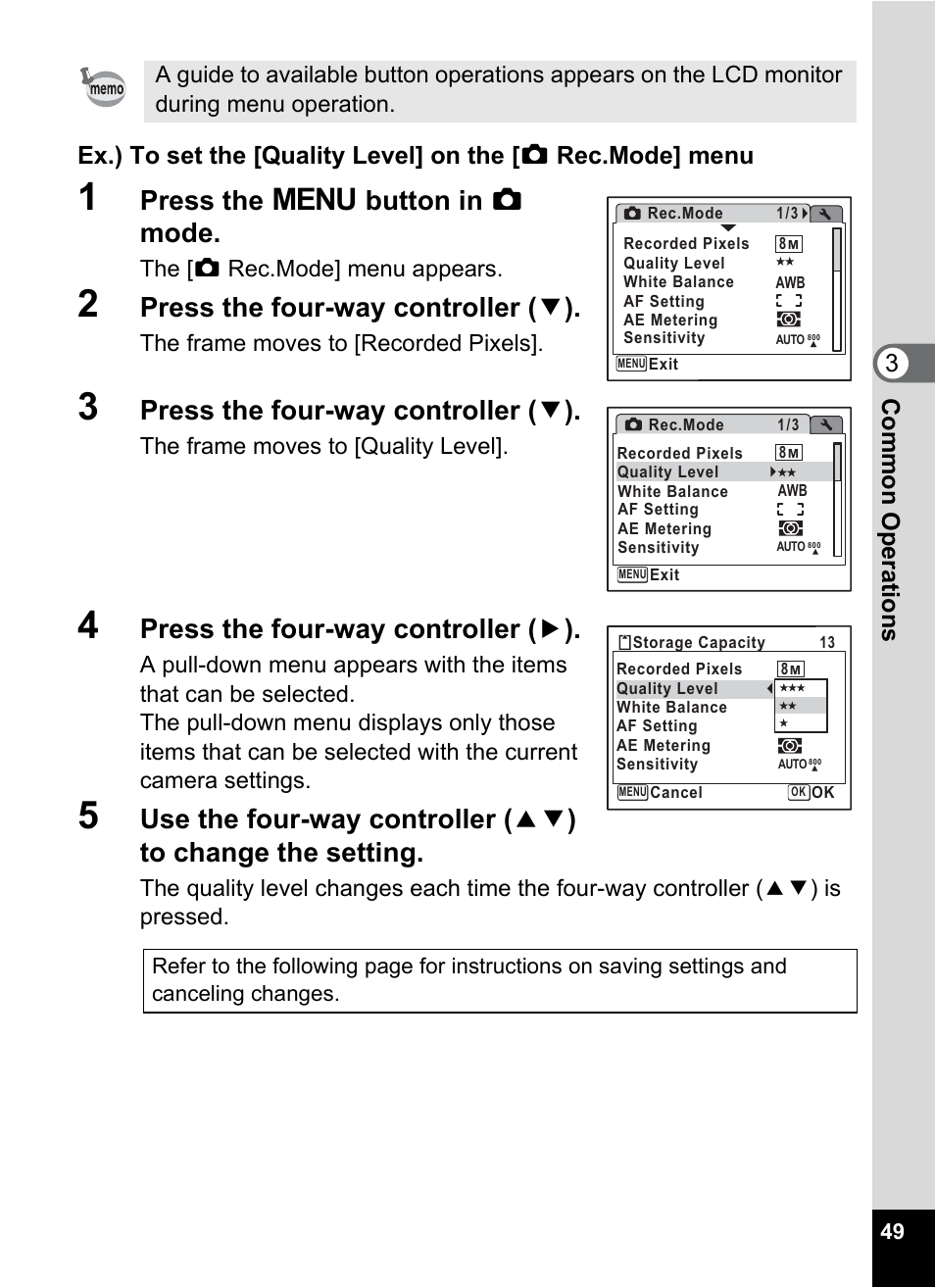 Press the 3 button in a mode, Press the four-way controller ( 3 ), Press the four-way controller ( 5 ) | The [a rec.mode] menu appears, The frame moves to [recorded pixels, The frame moves to [quality level | Pentax Optio Z10 User Manual | Page 51 / 212