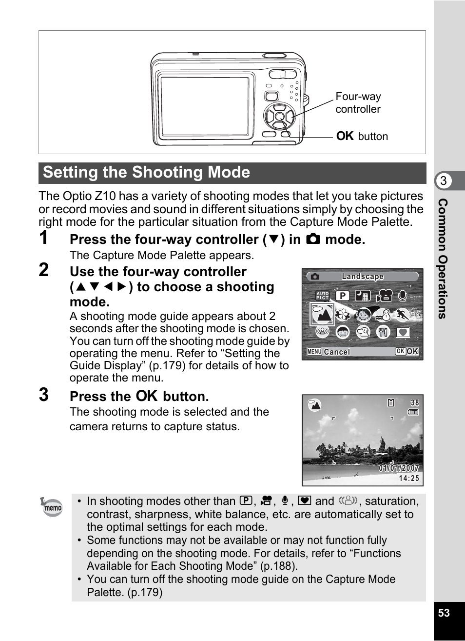 Setting the shooting mode, P.53), P.53 | P.53, p.60), De (p.53), Press the four-way controller ( 3 ) in a mode, Press the 4 button | Pentax Optio Z10 User Manual | Page 55 / 212