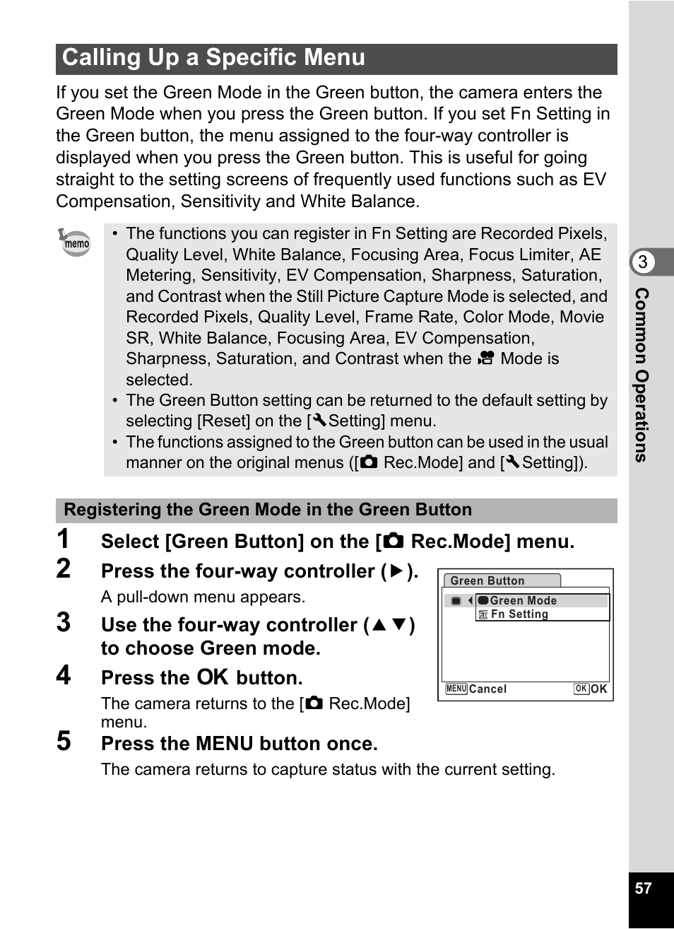 Calling up a specific menu, P.57), P.57 | Pentax Optio Z10 User Manual | Page 59 / 212