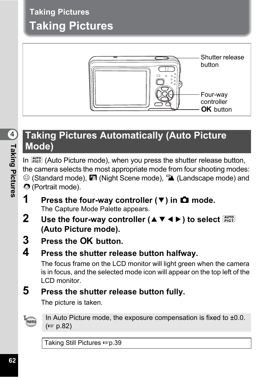 Taking pictures, Taking pictures automatically (auto picture mode) | Pentax Optio Z10 User Manual | Page 64 / 212