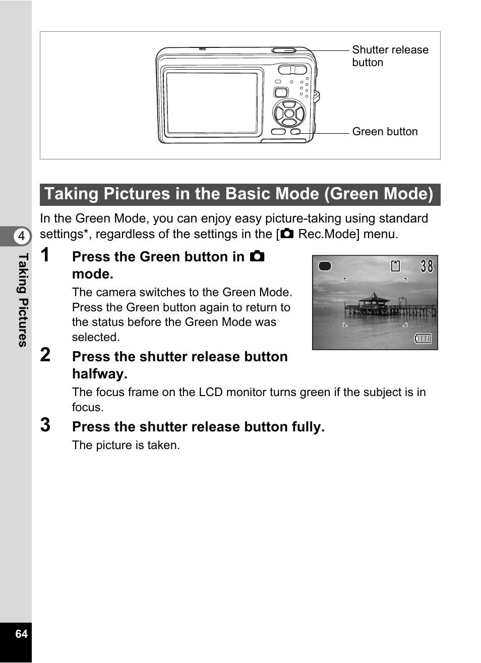 Taking pictures in the basic mode (green mode), P.64) | Pentax Optio Z10 User Manual | Page 66 / 212