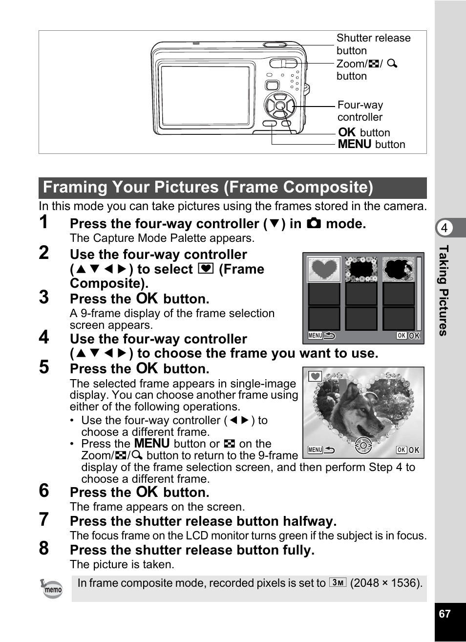 Framing your pictures (frame composite), P.67 | Pentax Optio Z10 User Manual | Page 69 / 212