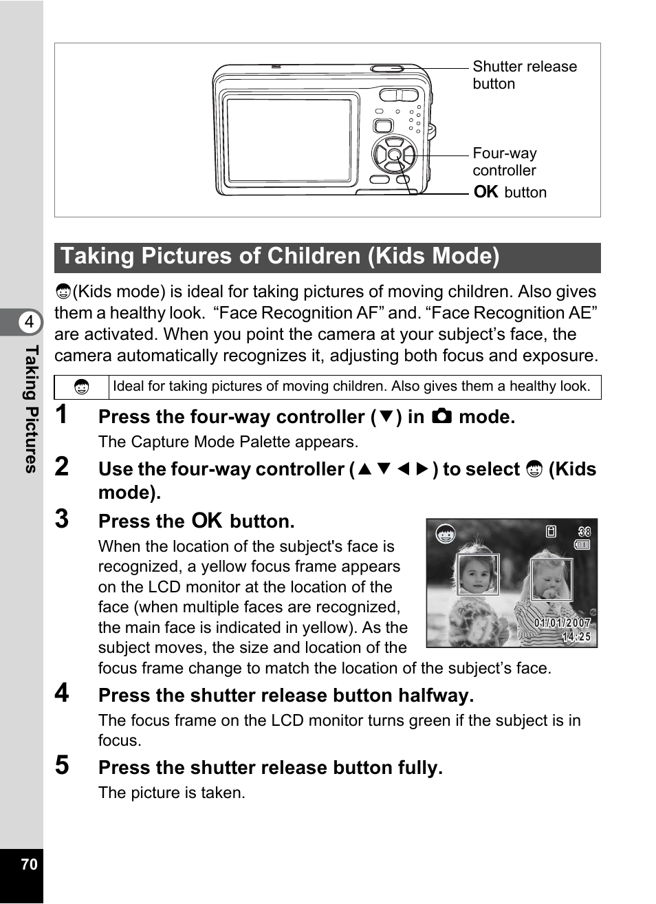 Taking pictures of children (kids mode) | Pentax Optio Z10 User Manual | Page 72 / 212