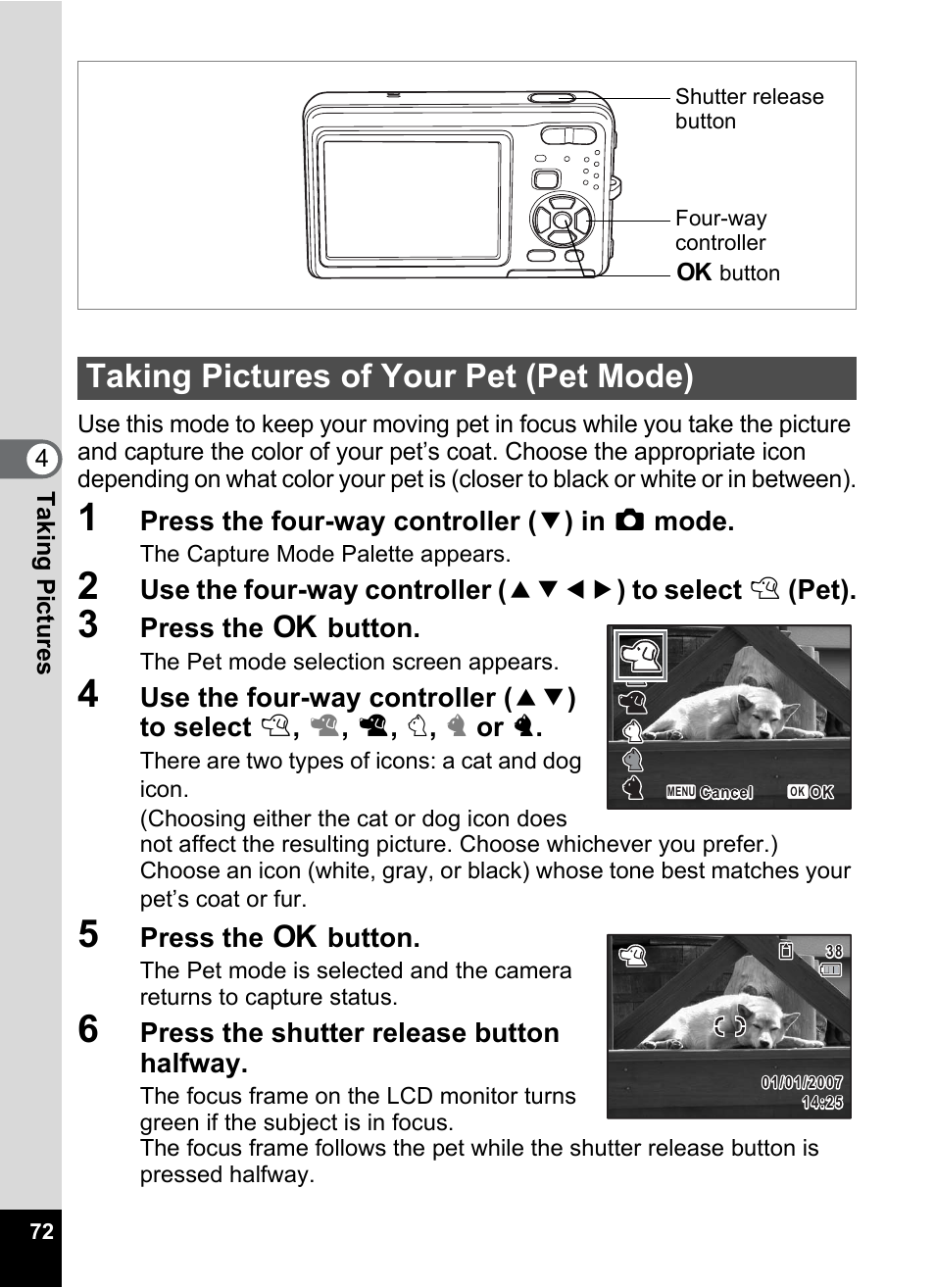 Taking pictures of your pet (pet mode) | Pentax Optio Z10 User Manual | Page 74 / 212