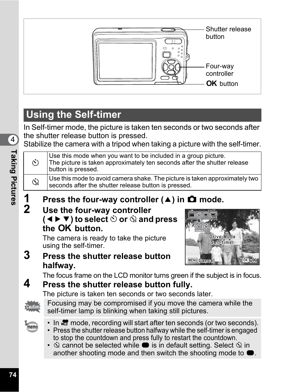 Using the self-timer, P.74, Press the four-way controller ( 2 ) in a mode | Press the shutter release button halfway, Press the shutter release button fully | Pentax Optio Z10 User Manual | Page 76 / 212