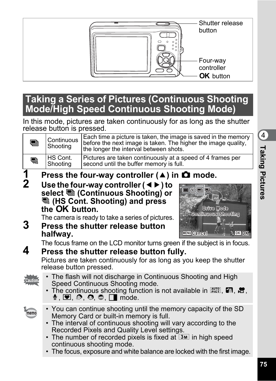 P.75), Press the four-way controller ( 2 ) in a mode, Press the shutter release button halfway | Press the shutter release button fully | Pentax Optio Z10 User Manual | Page 77 / 212