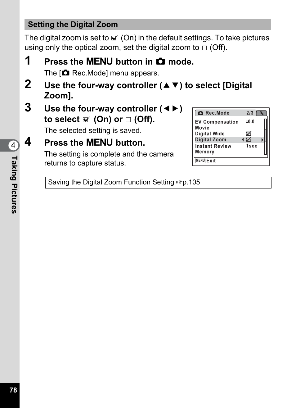 P.78, Press the 3 button in a mode, Press the 3 button | Pentax Optio Z10 User Manual | Page 80 / 212