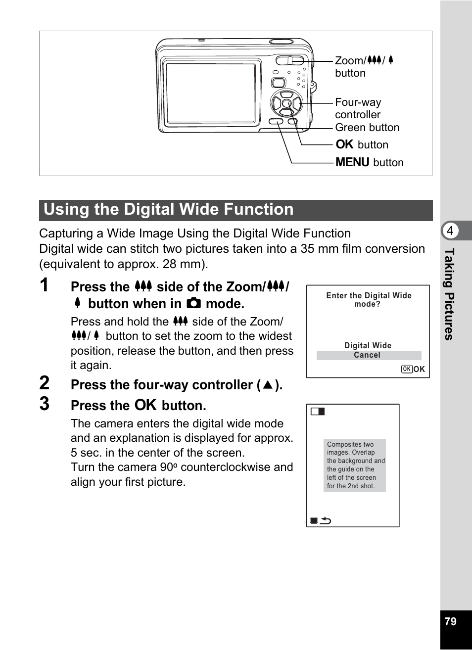 Using the digital wide function, Press the four-way controller ( 2 ), Press the 4 button | Pentax Optio Z10 User Manual | Page 81 / 212