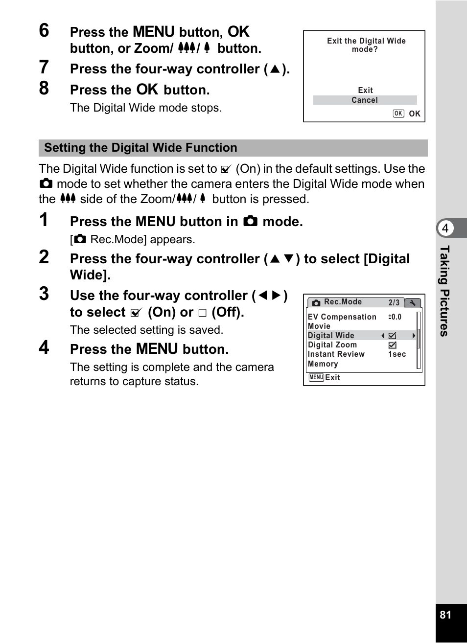 P.81, Press the four-way controller ( 2 ), Press the 4 button | Press the menu button in a mode, Press the 3 button | Pentax Optio Z10 User Manual | Page 83 / 212