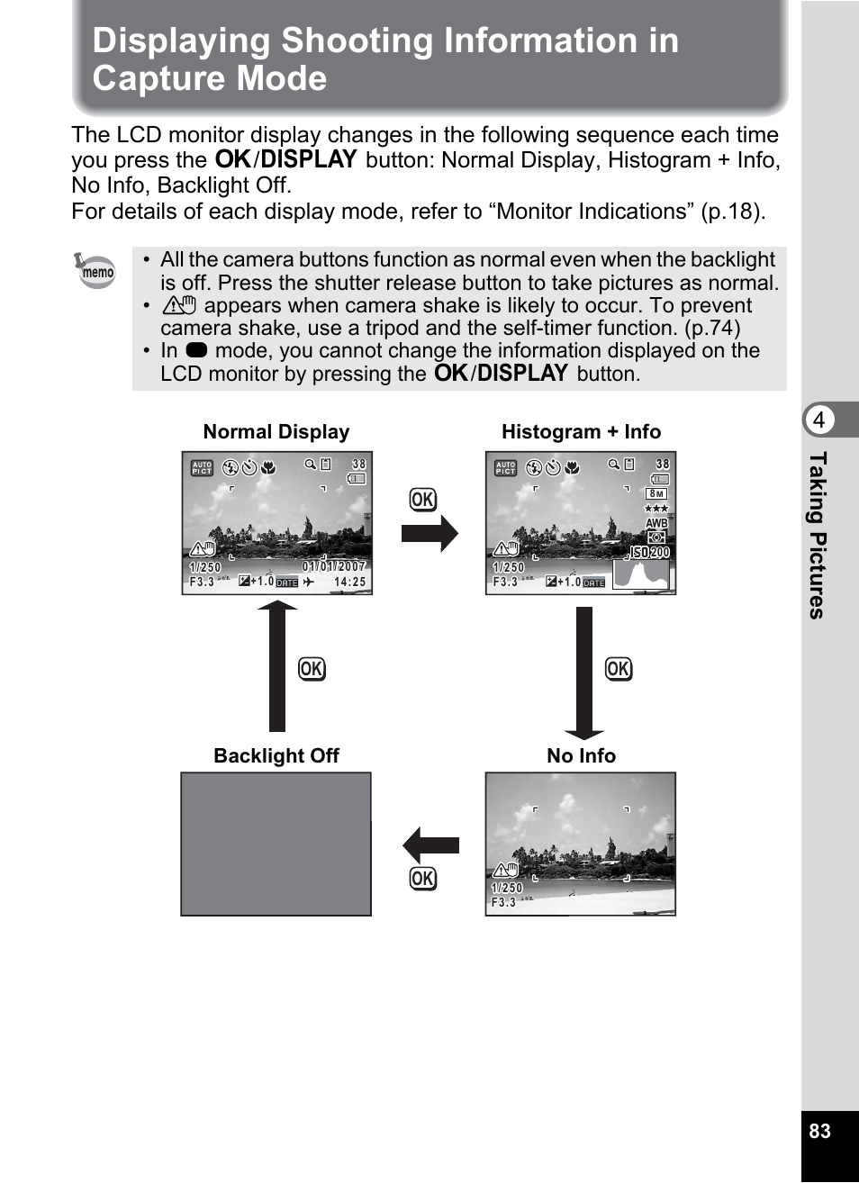 Displaying shooting information in capture mode, P.83), 4t aking pictu res | Pentax Optio Z10 User Manual | Page 85 / 212