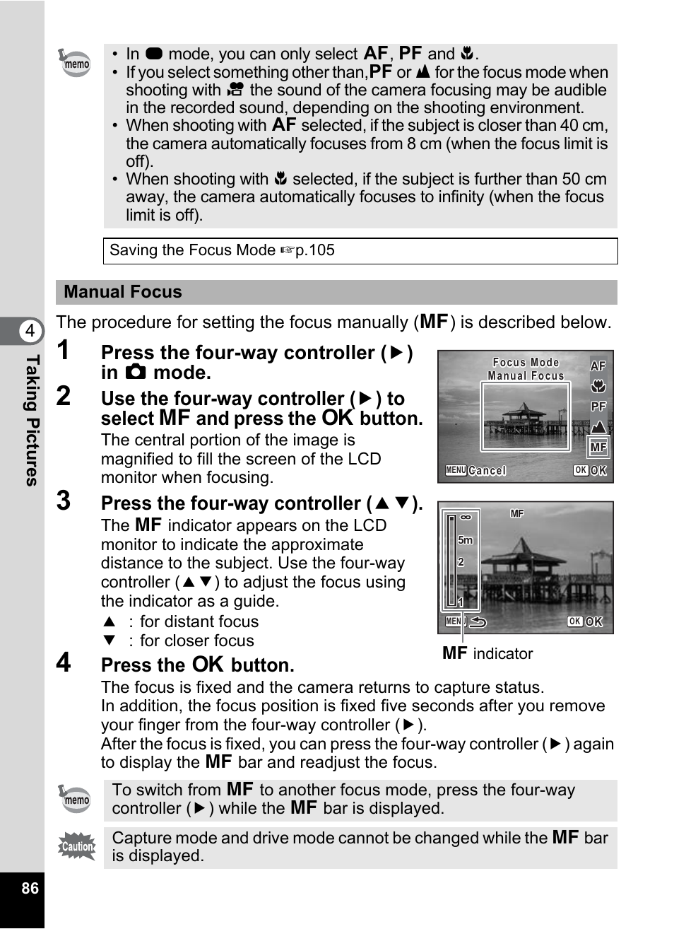 P.86), Press the four-way controller ( 5 ) in a mode, Press the four-way controller ( 23 ) | Press the 4 button, Manual focus | Pentax Optio Z10 User Manual | Page 88 / 212