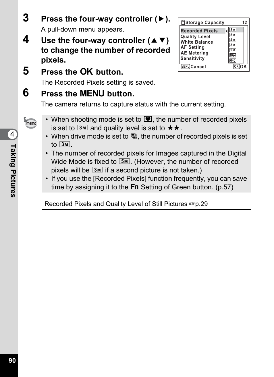 Press the four-way controller ( 5 ), Press the 4 button, Press the 3 button | 4t aking pictu res | Pentax Optio Z10 User Manual | Page 92 / 212