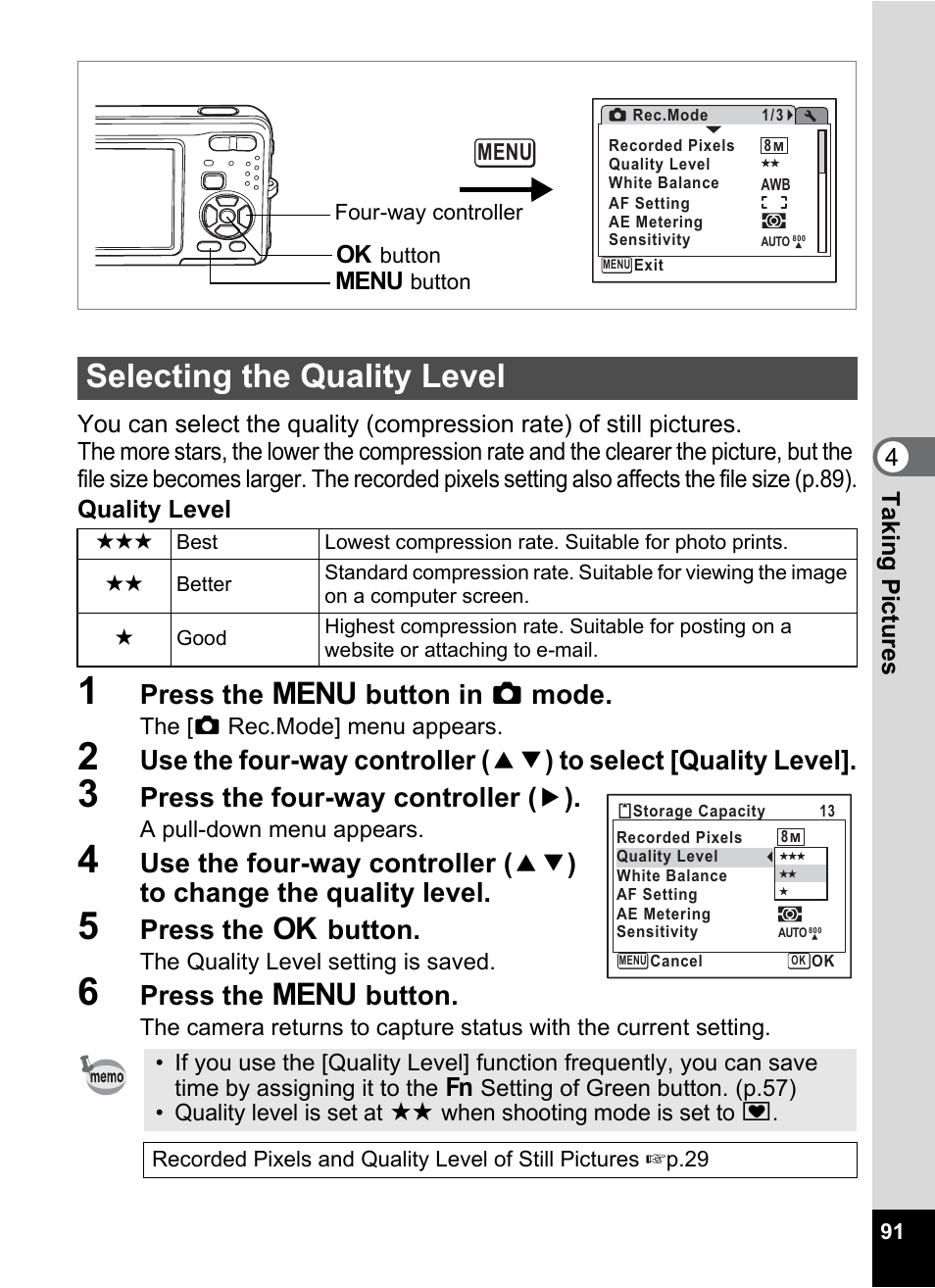 Selecting the quality level, Y (p.91), P.91 | Press the 3 button in a mode, Press the four-way controller ( 5 ), Press the 4 button, Press the 3 button | Pentax Optio Z10 User Manual | Page 93 / 212