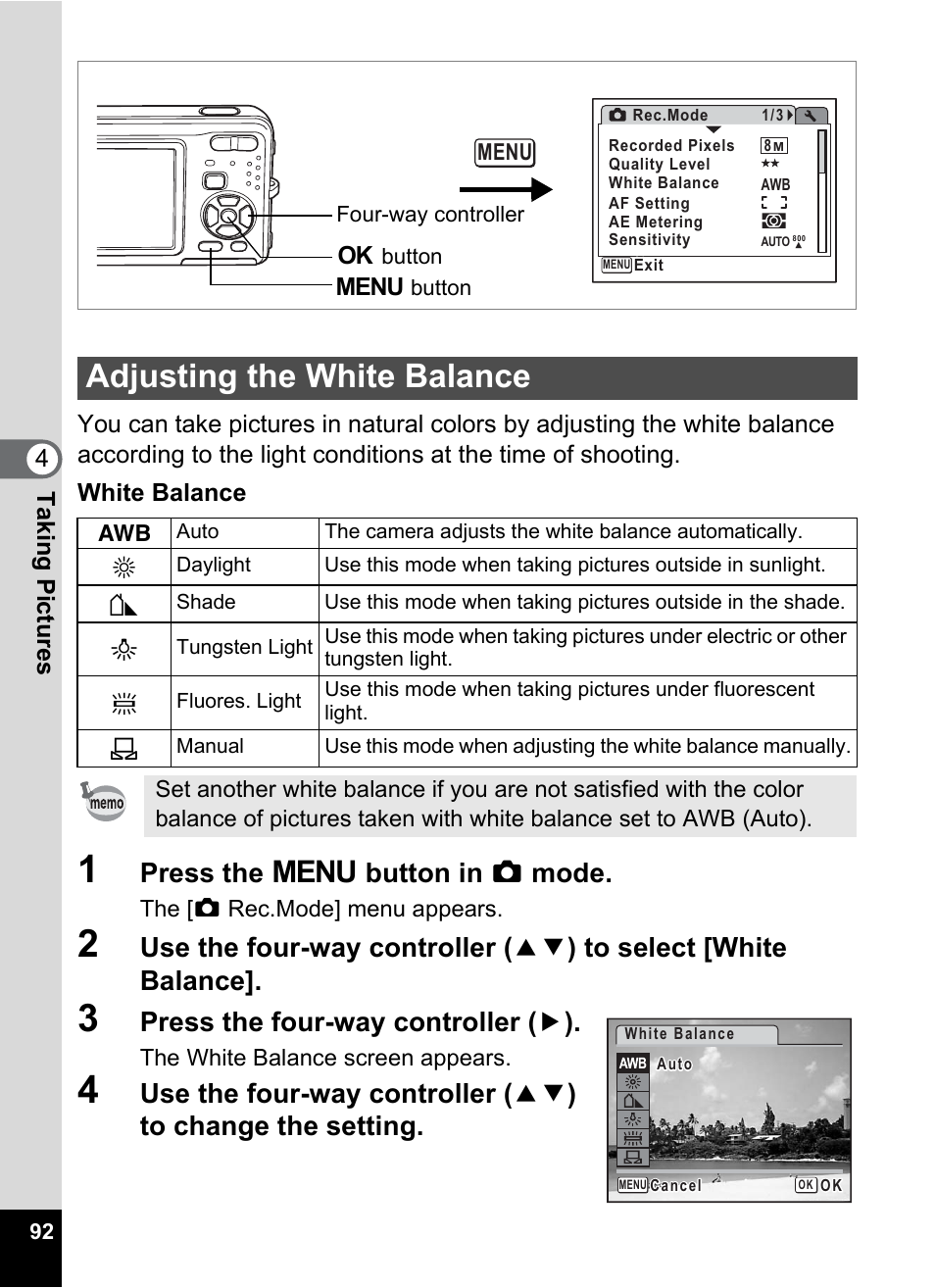 Adjusting the white balance, Ce (p.92), P.92 | Press the 3 button in a mode, Press the four-way controller ( 5 ) | Pentax Optio Z10 User Manual | Page 94 / 212