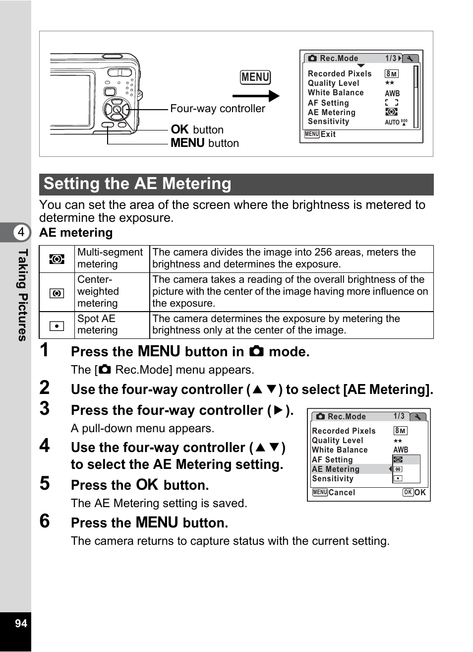 Setting the ae metering, Ng (p.94), P.94 | Press the 3 button in a mode, Press the four-way controller ( 5 ), Press the 4 button, Press the 3 button | Pentax Optio Z10 User Manual | Page 96 / 212