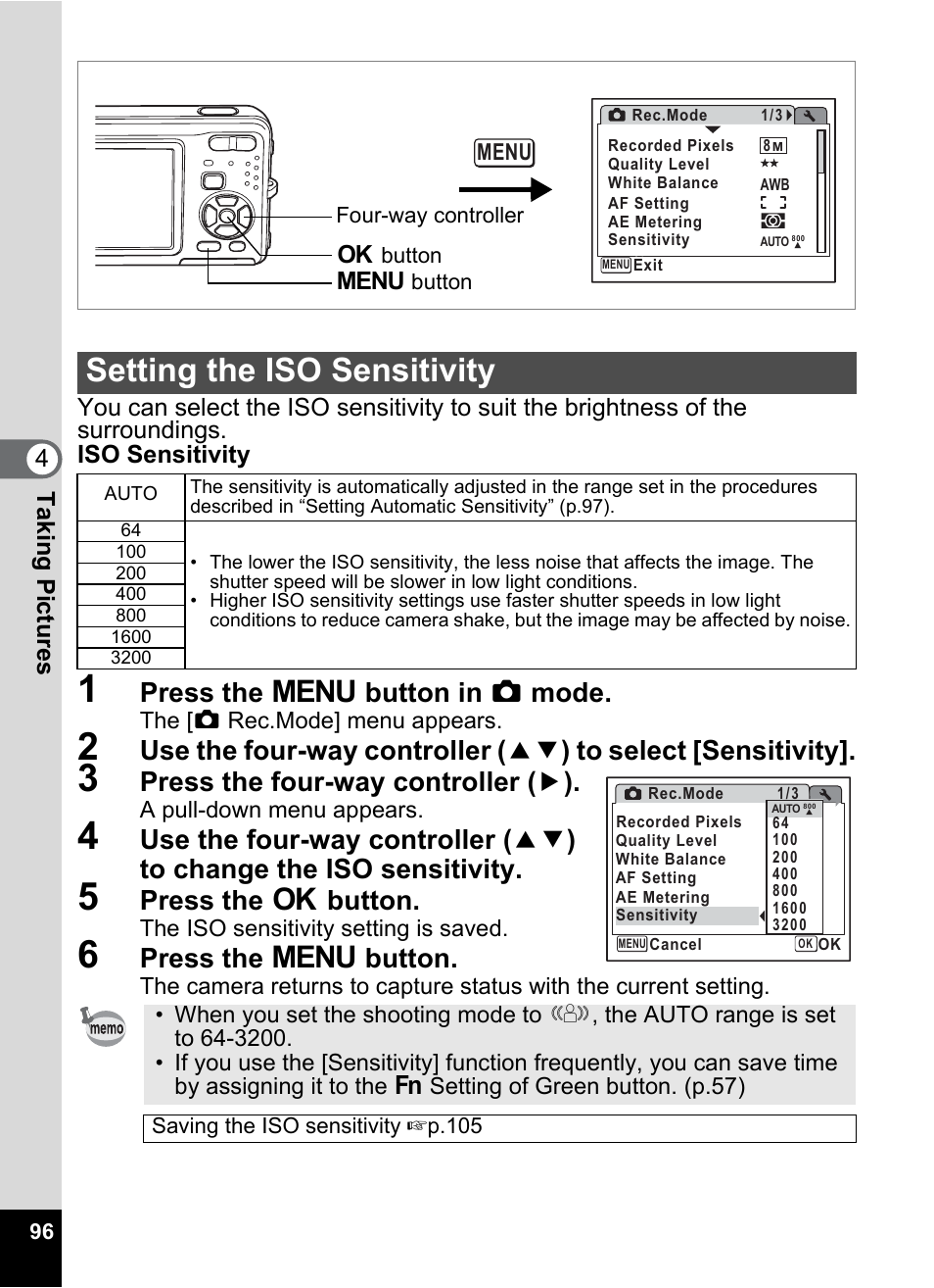 Setting the iso sensitivity, Y (p.96), P.96 | Press the 3 button in a mode, Press the four-way controller ( 5 ), Press the 4 button, Press the 3 button | Pentax Optio Z10 User Manual | Page 98 / 212