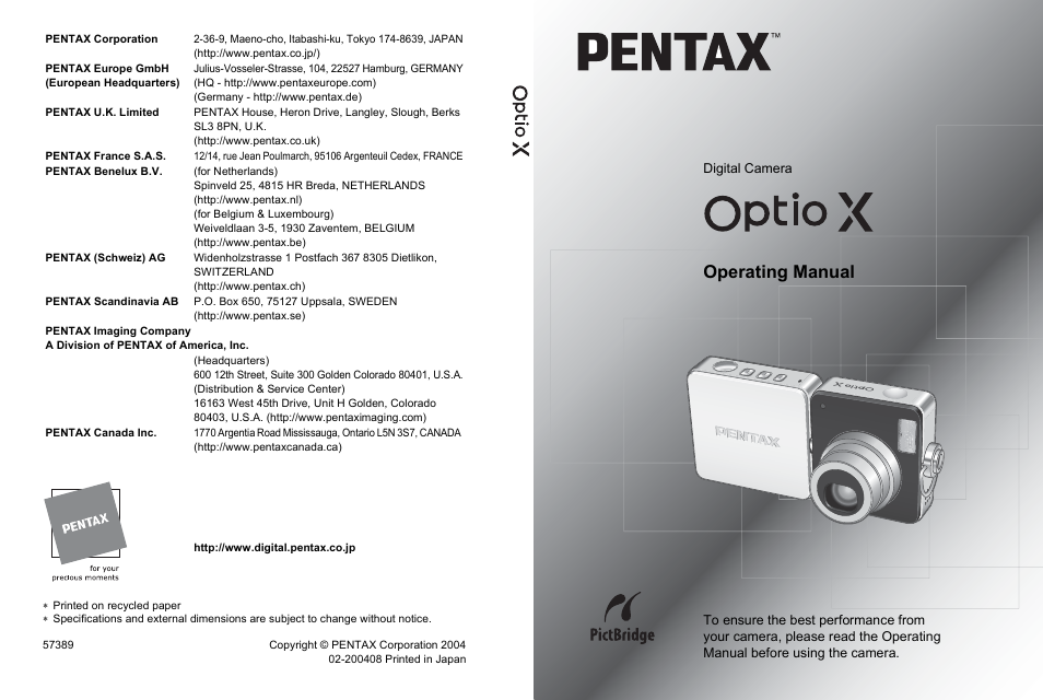 Pentax Optio X User Manual | 184 pages