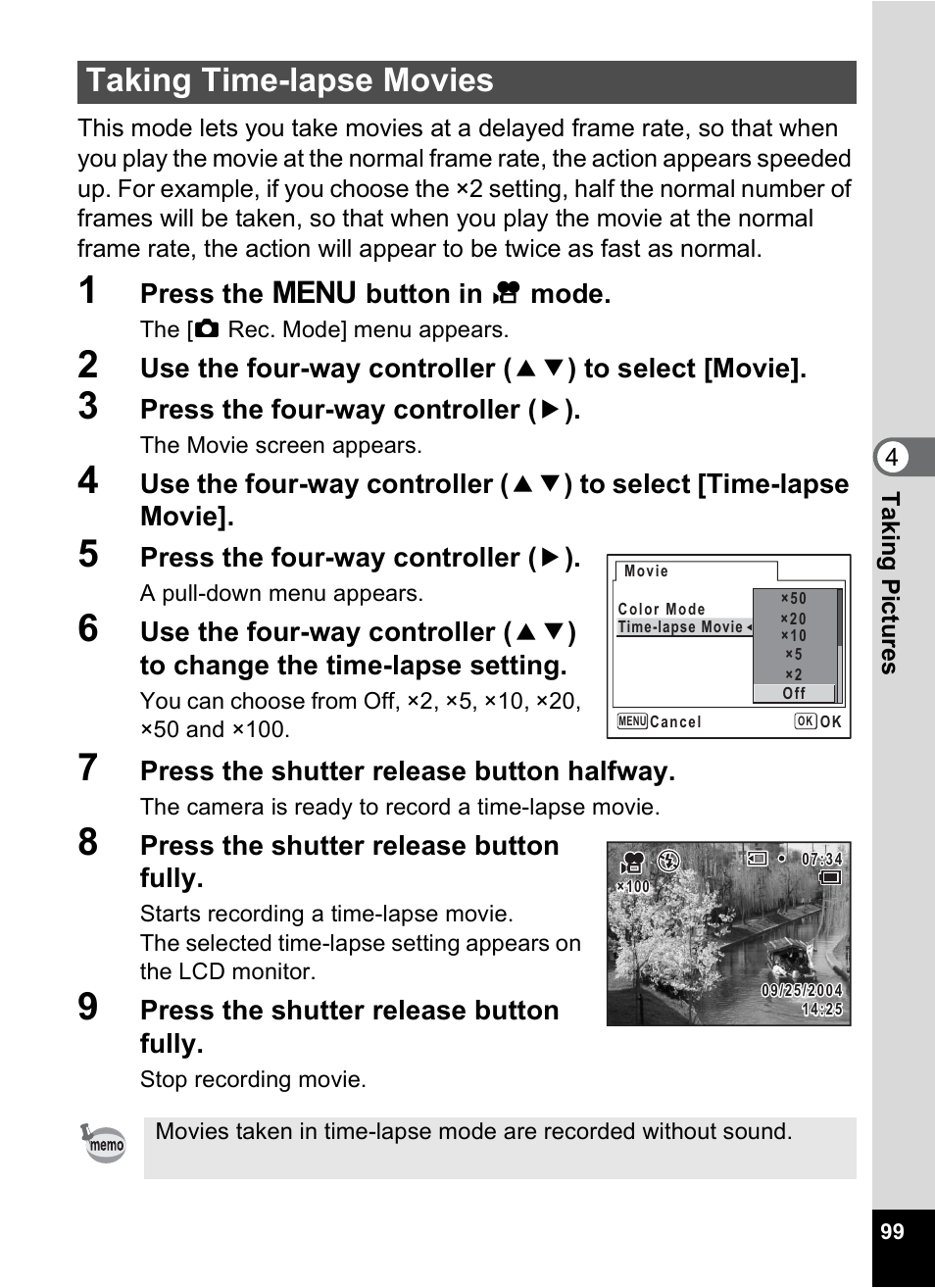 Taking time-lapse movies, P.99 | Pentax Optio X User Manual | Page 101 / 184