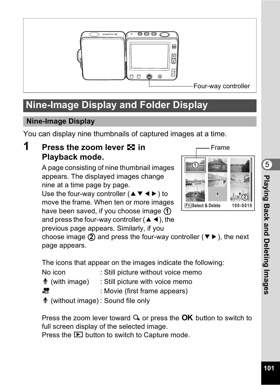 Nine-image display and folder display, P.101), 1p.101) | Press the zoom lever f in playback mode | Pentax Optio X User Manual | Page 103 / 184