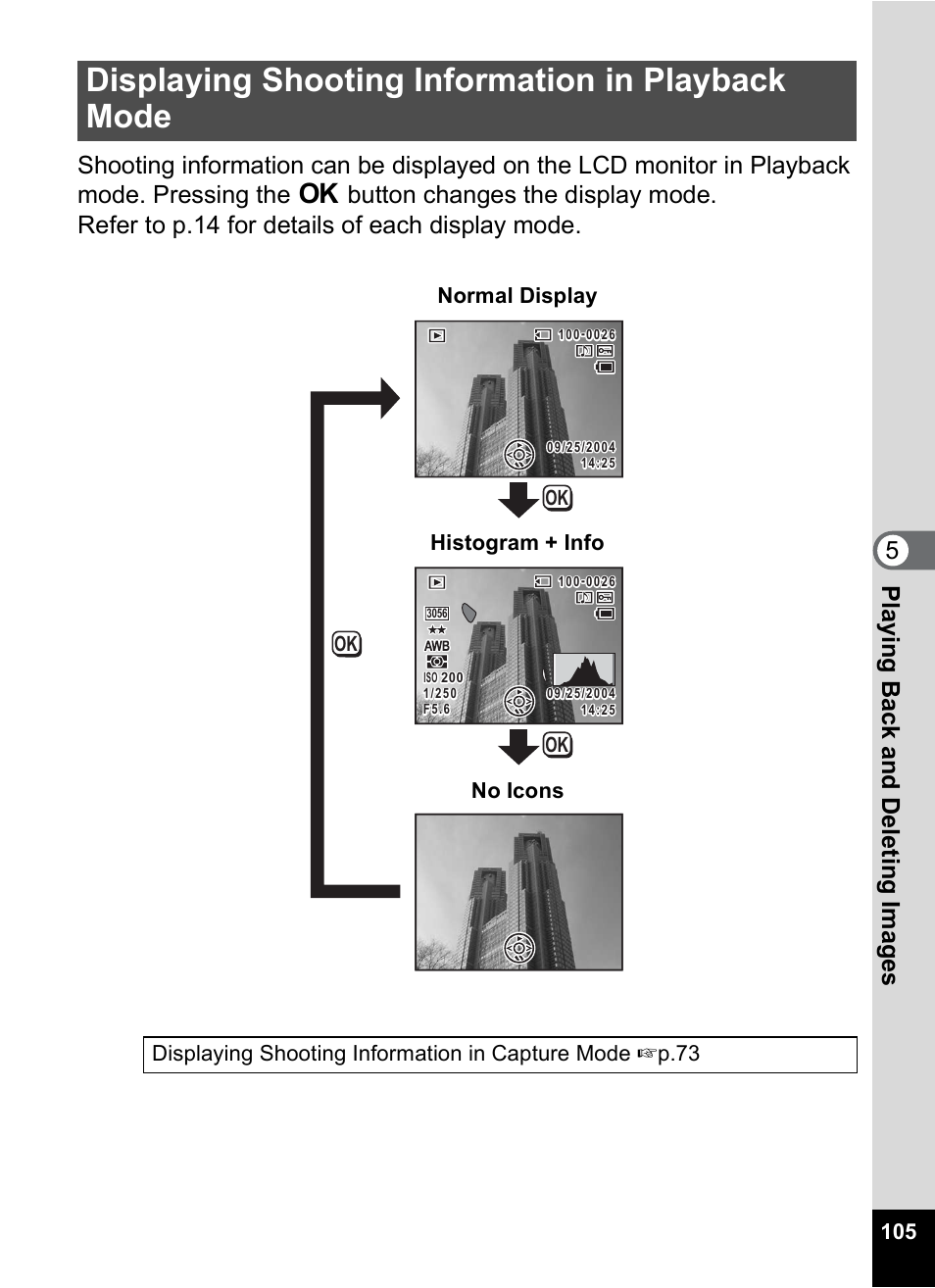 Displaying shooting information in playback mode, P.105, 1p.105) | P.105), Normal display histogram + info no icons | Pentax Optio X User Manual | Page 107 / 184