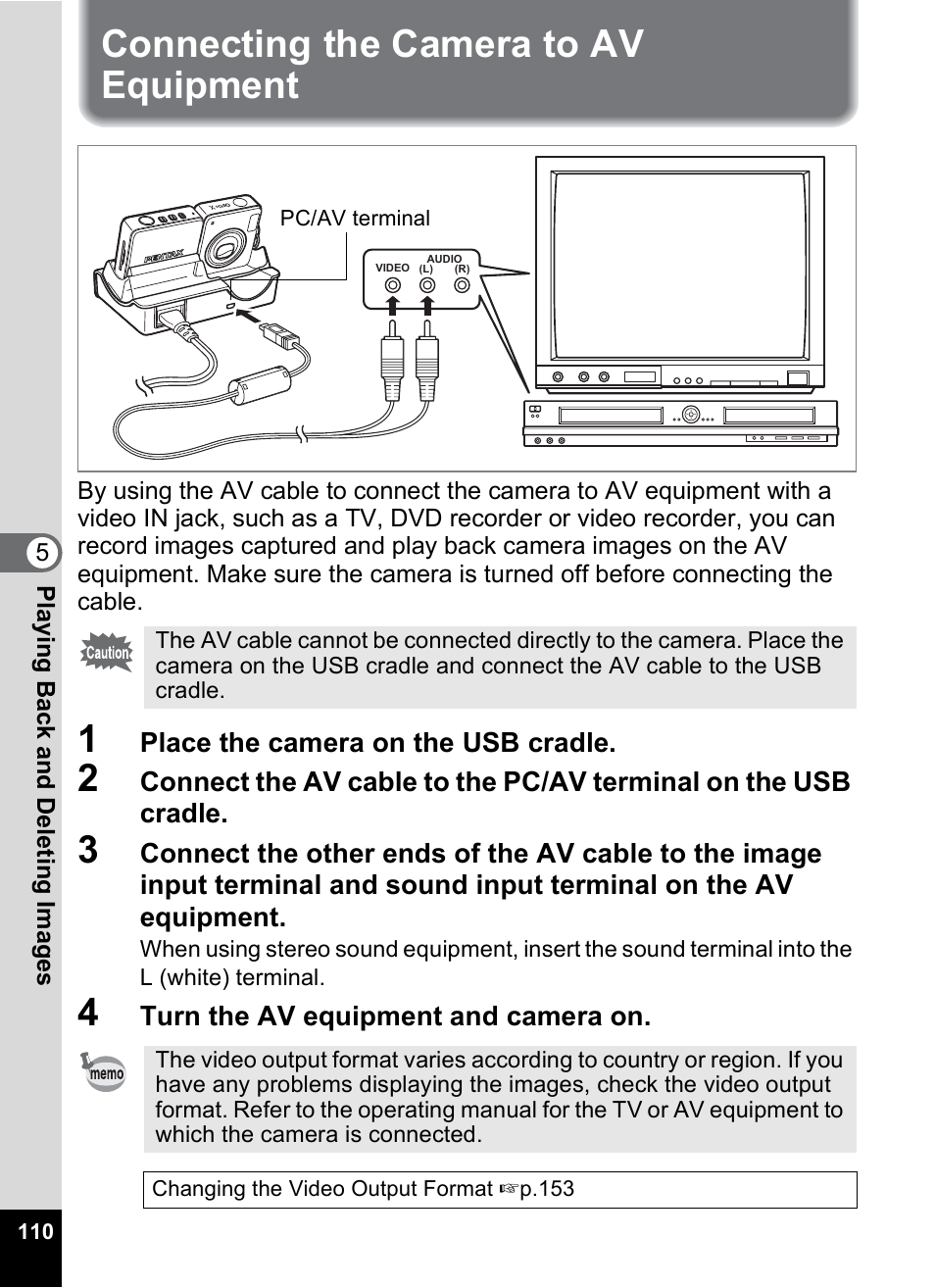 Connecting the camera to av equipment | Pentax Optio X User Manual | Page 112 / 184