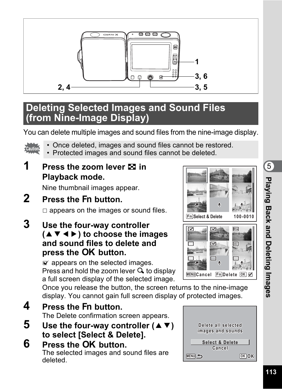 Deleting selected images and sound files, From nine-image display), Press the zoom lever f in playback mode | Press the { button, Press the 4 button | Pentax Optio X User Manual | Page 115 / 184