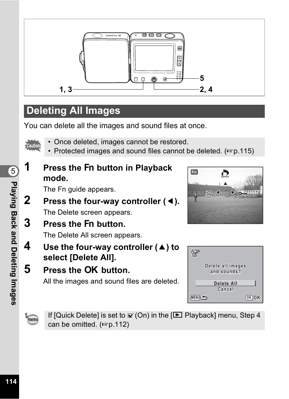 Deleting all images, Press the { button in playback mode, Press the four-way controller ( 4 ) | Press the { button, Press the 4 button | Pentax Optio X User Manual | Page 116 / 184