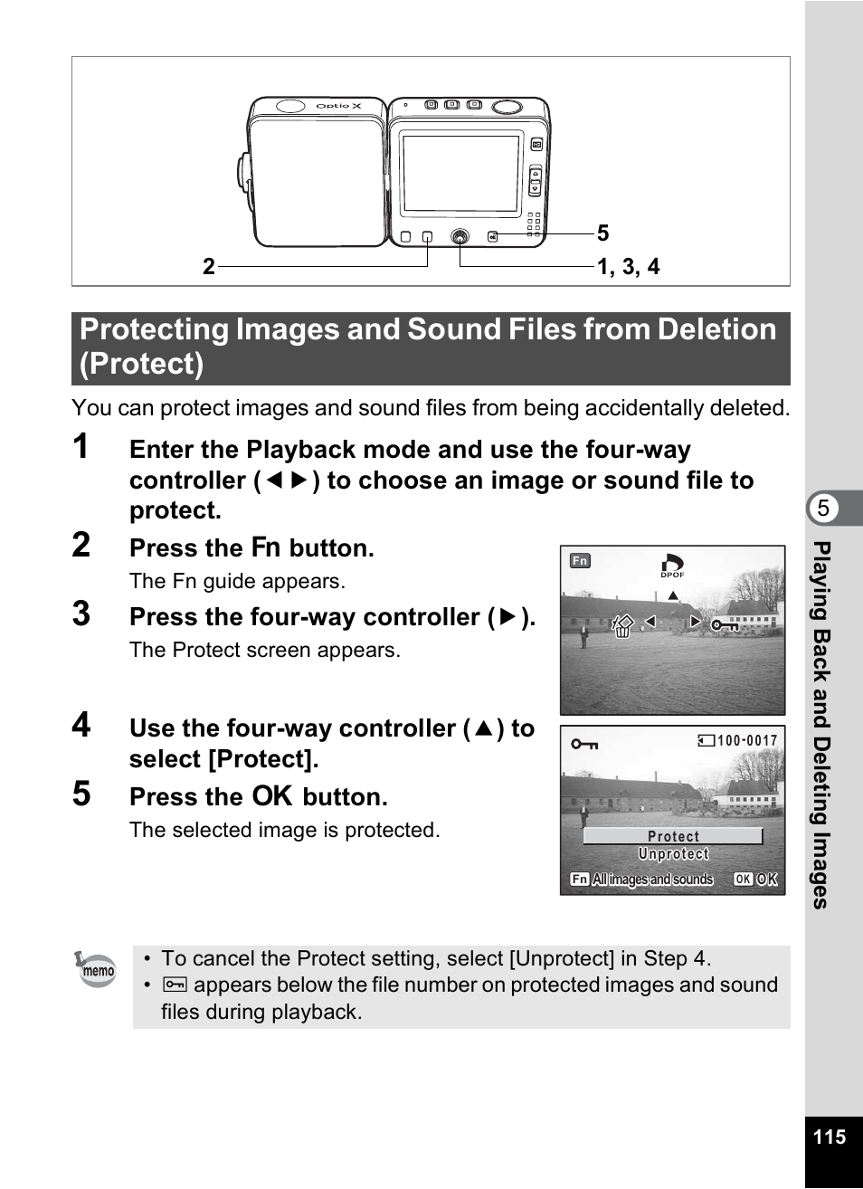 P.115, P.115), Press the { button | Press the four-way controller ( 5 ), Press the 4 button | Pentax Optio X User Manual | Page 117 / 184