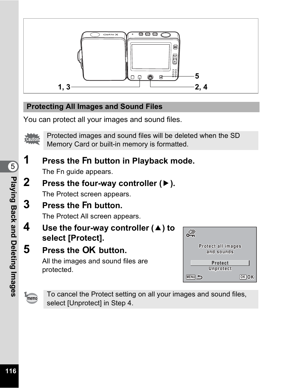 Press the { button in playback mode, Press the four-way controller ( 5 ), Press the { button | Press the 4 button | Pentax Optio X User Manual | Page 118 / 184