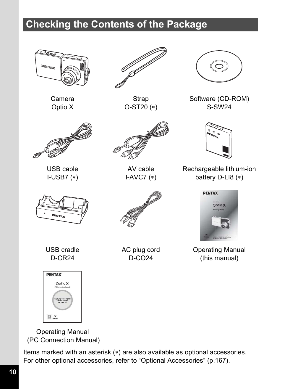 Checking the contents of the package | Pentax Optio X User Manual | Page 12 / 184