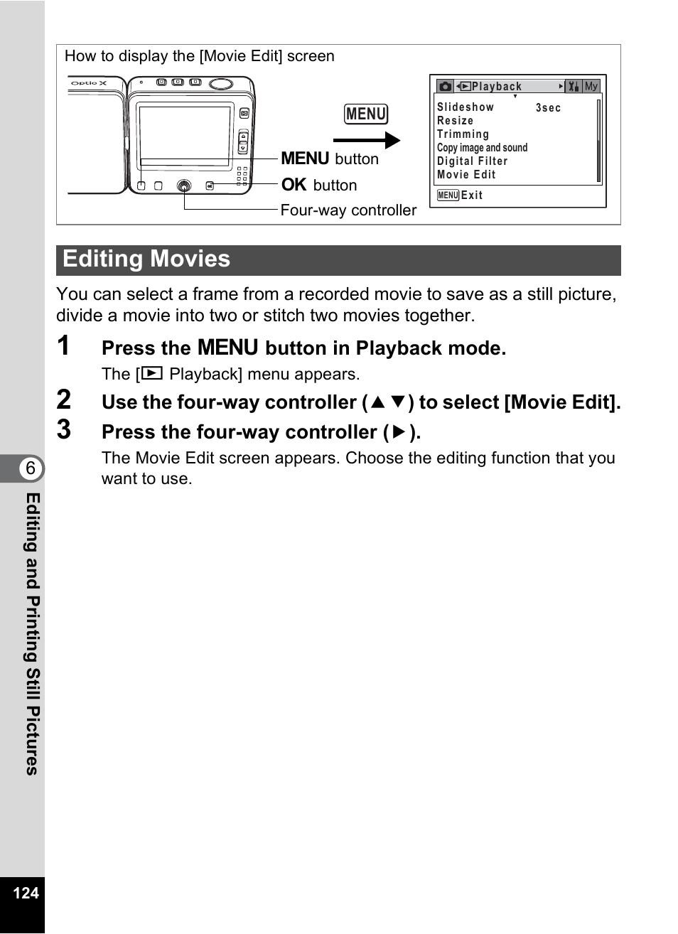 Editing movies | Pentax Optio X User Manual | Page 126 / 184