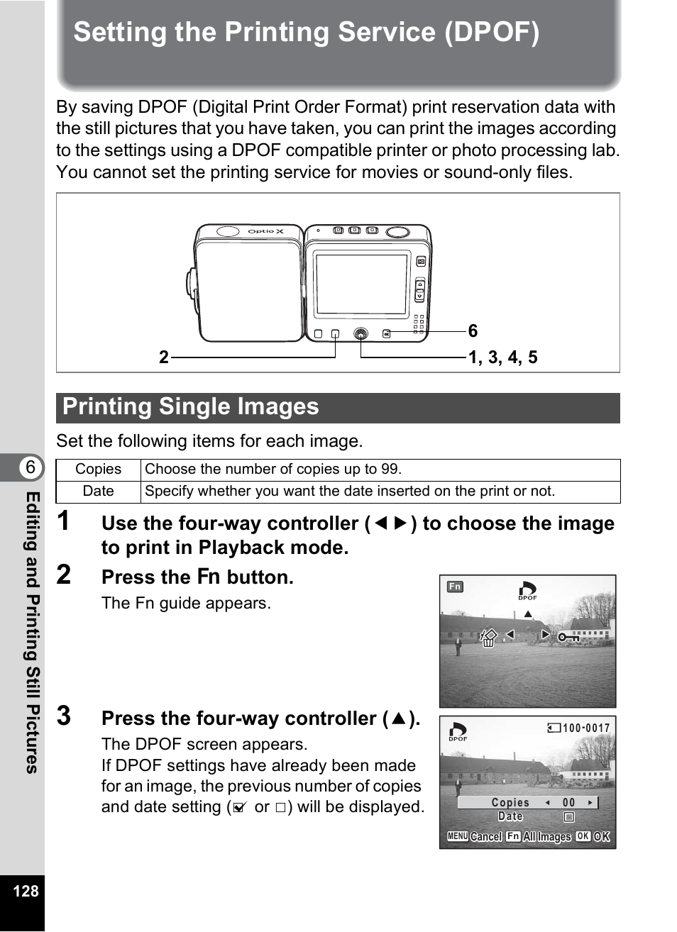 Setting the printing service (dpof), Printing single images, P.128) | Press the { button, Press the four-way controller ( 2 ) | Pentax Optio X User Manual | Page 130 / 184