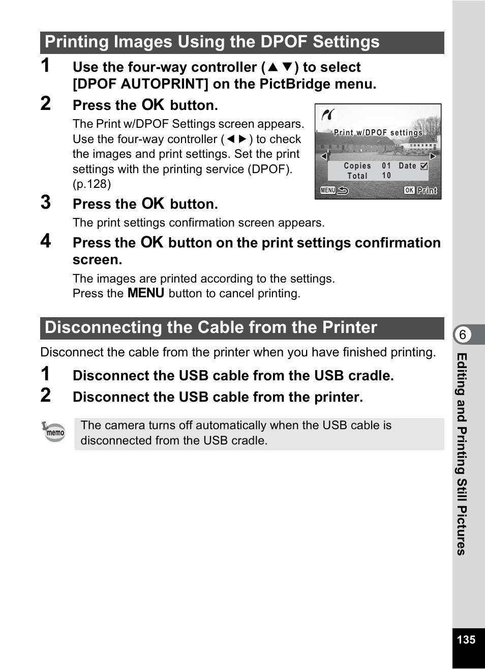 Printing images using the dpof settings, Disconnecting the cable from the printer | Pentax Optio X User Manual | Page 137 / 184