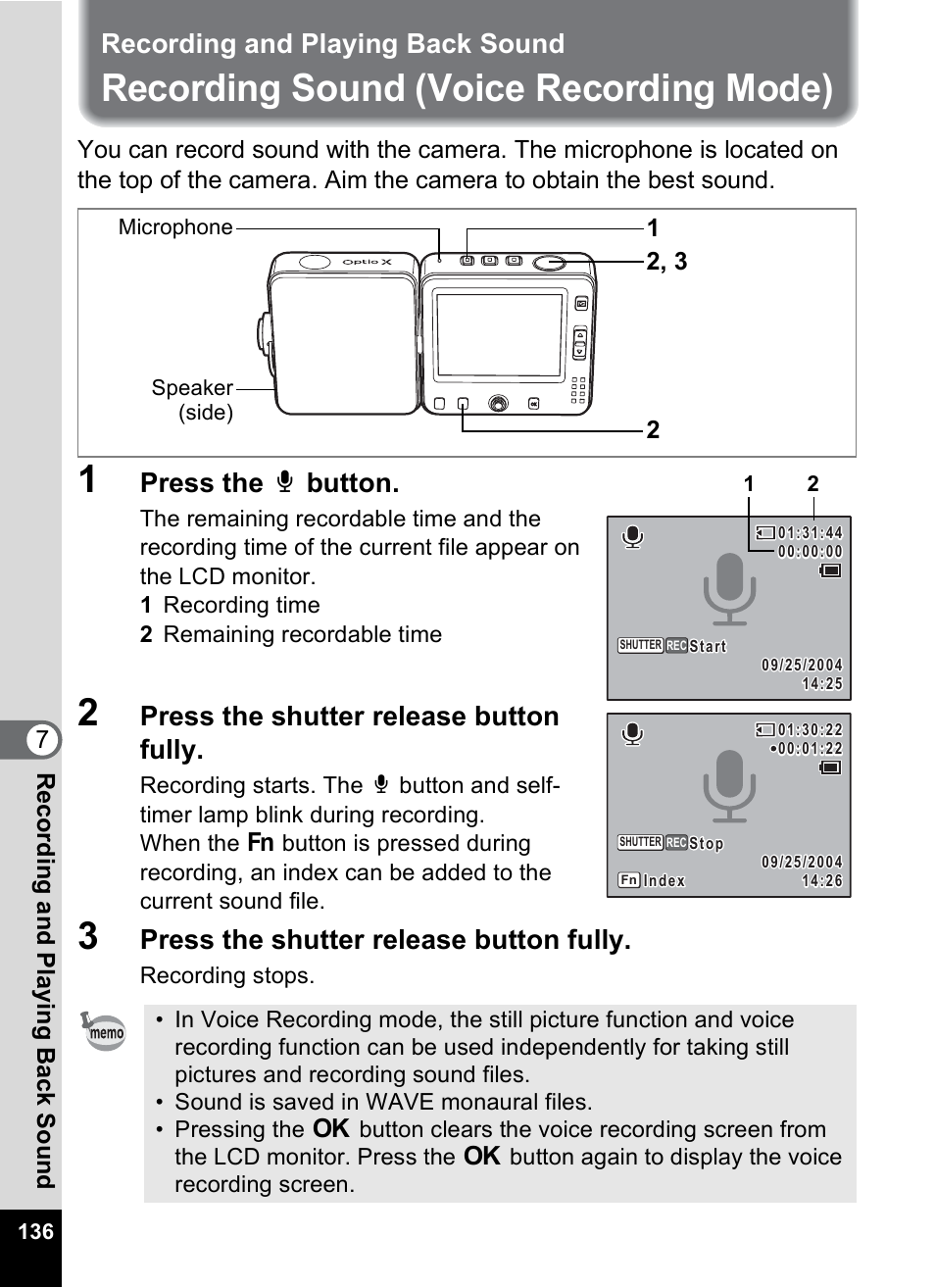 Recording and playing back sound, Recording sound (voice recording mode), P.136) | 1p.136), Press the o button, Press the shutter release button fully, 7r ecor d in g an d pla y ing b ack soun d | Pentax Optio X User Manual | Page 138 / 184