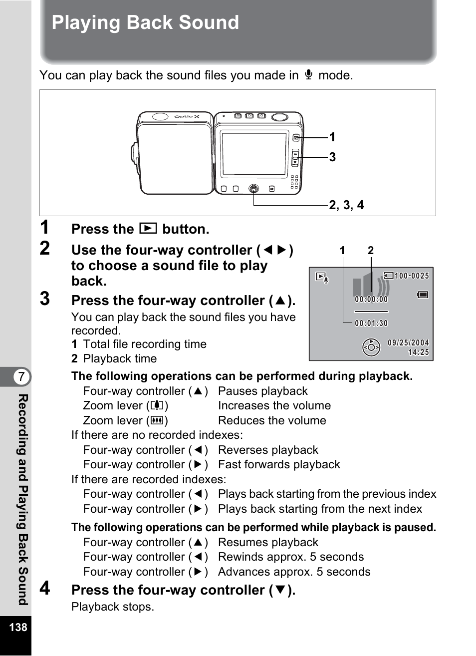 Playing back sound, P.138, Press the q button | Press the four-way controller ( 2 ), Press the four-way controller ( 3 ) | Pentax Optio X User Manual | Page 140 / 184