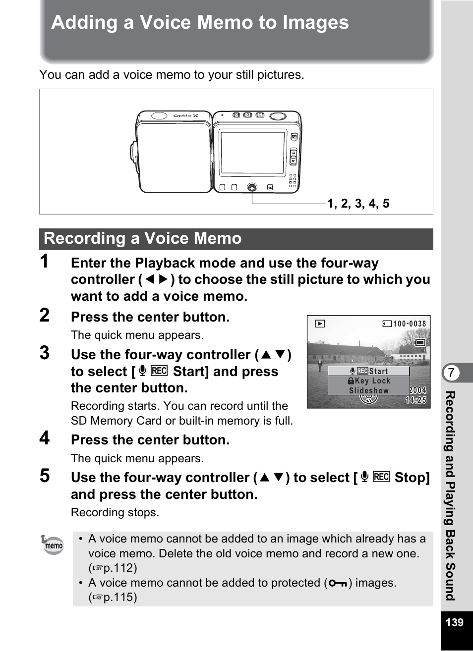 Adding a voice memo to images, Recording a voice memo, P.139) | P.139 | Pentax Optio X User Manual | Page 141 / 184