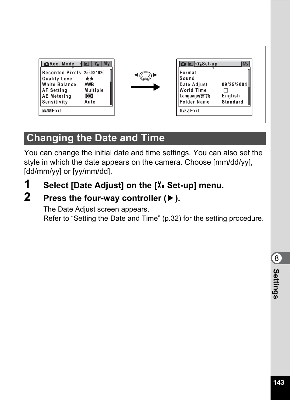 Changing the date and time, P.143, Select [date adjust] on the [ u set-up] menu | Press the four-way controller ( 5 ) | Pentax Optio X User Manual | Page 145 / 184
