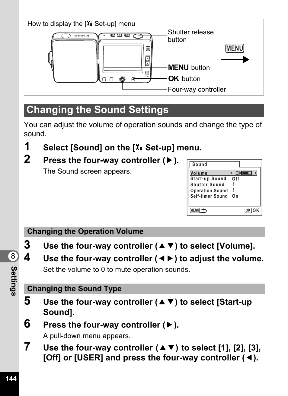 Changing the sound settings, P.144 | Pentax Optio X User Manual | Page 146 / 184