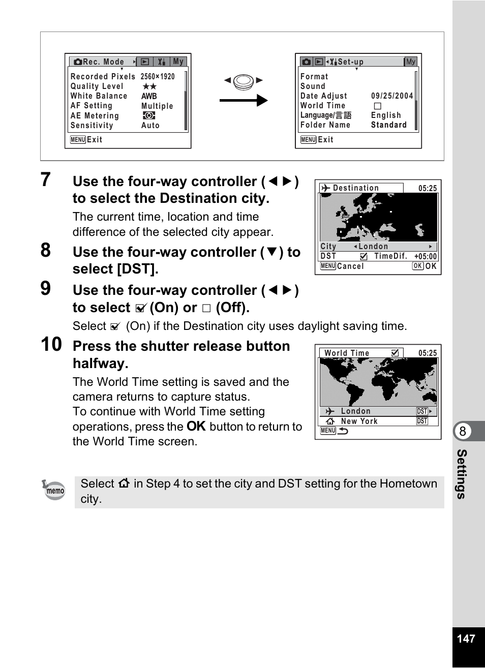 Use the four-way controller ( 3 ) to select [dst, Press the shutter release button halfway, 8settin g s | Pentax Optio X User Manual | Page 149 / 184