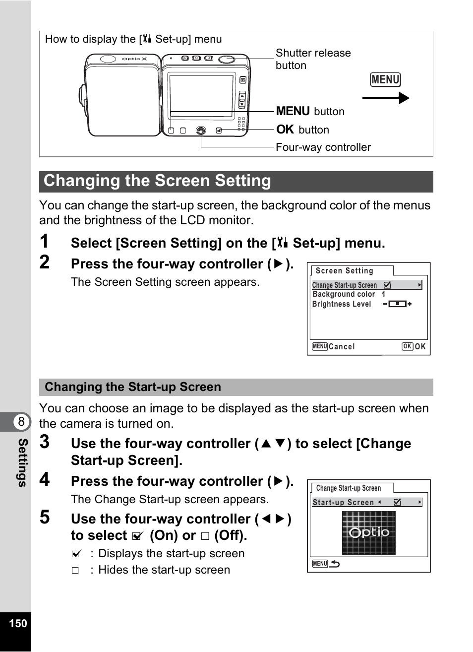 Changing the screen setting, P.150 | Pentax Optio X User Manual | Page 152 / 184