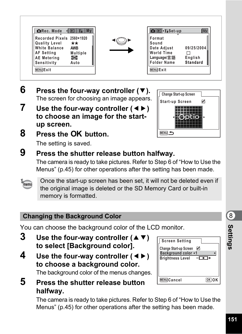 P.151, Press the four-way controller ( 3 ), Press the 4 button | Press the shutter release button halfway | Pentax Optio X User Manual | Page 153 / 184