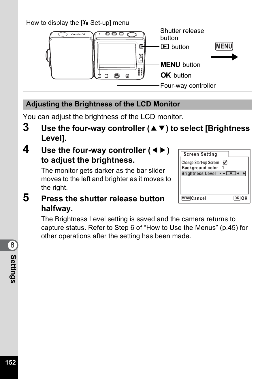 P.152, Press the shutter release button halfway | Pentax Optio X User Manual | Page 154 / 184