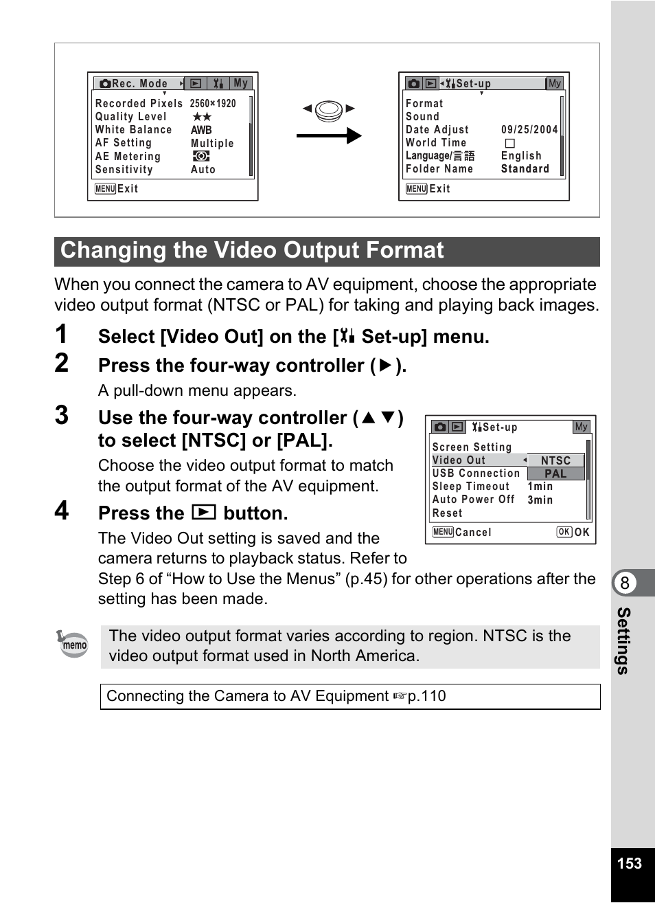 Changing the video output format, P.153, Select [video out] on the [ u set-up] menu | Press the four-way controller ( 5 ), Press the q button | Pentax Optio X User Manual | Page 155 / 184