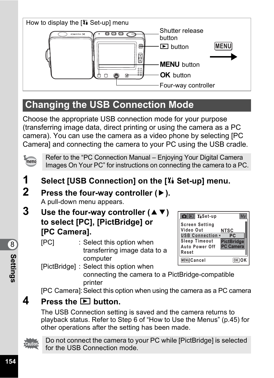 Changing the usb connection mode, P.154, Select [usb connection] on the [ u set-up] menu | Press the four-way controller ( 5 ), Press the q button | Pentax Optio X User Manual | Page 156 / 184